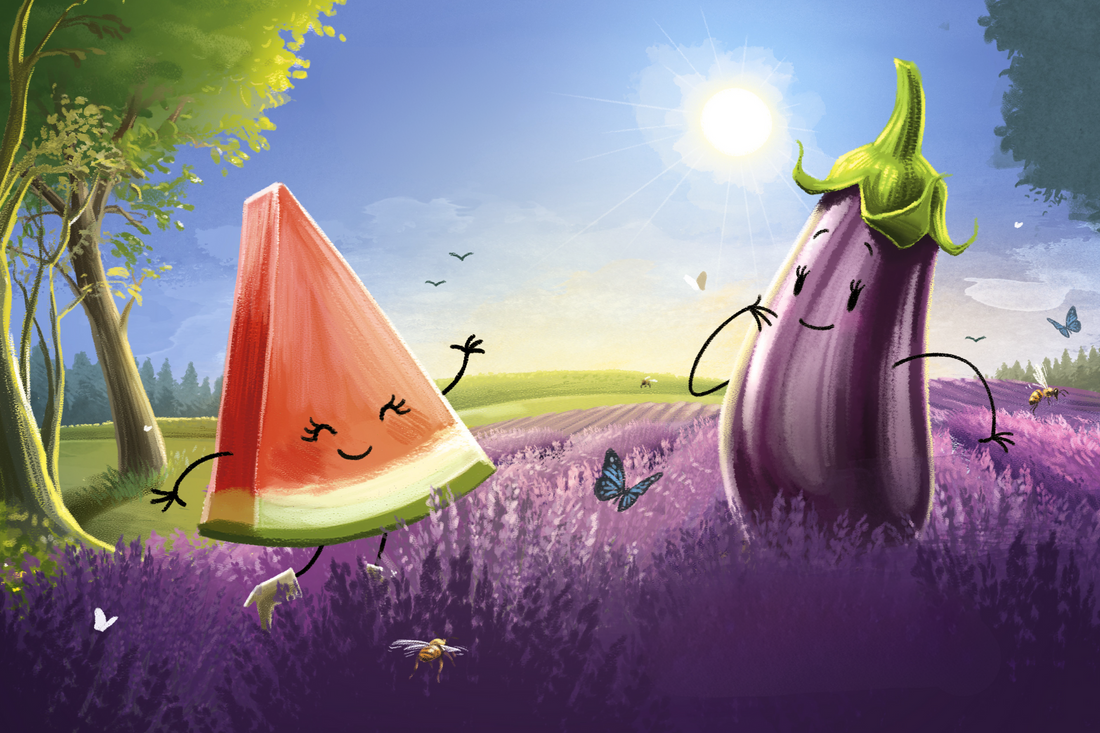 Gina aubergine en Mimi watermeloen