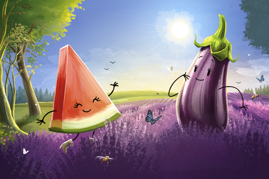 Gina aubergine en Mimi watermeloen
