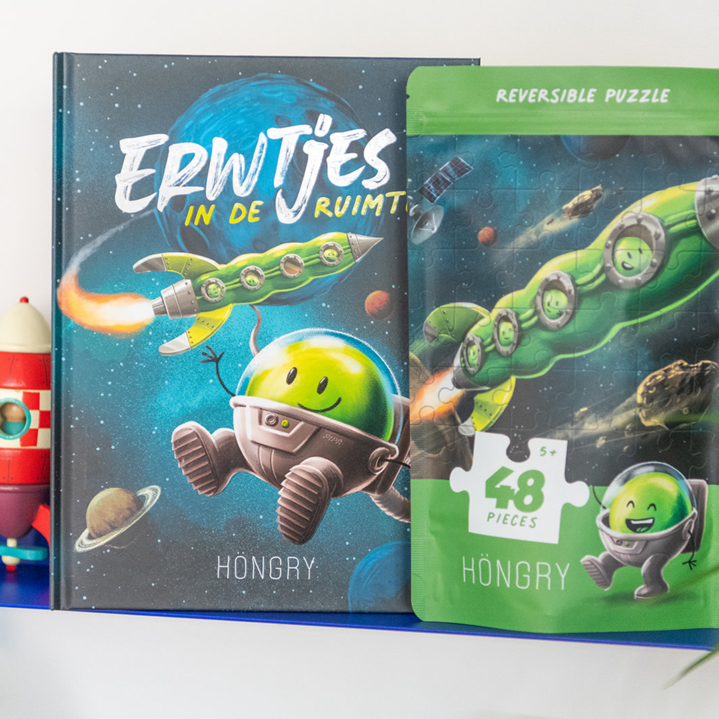 HONGRY prentenboek Erwtjes in de ruimte en 48 stukken puzzel